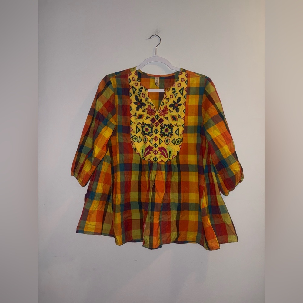 Ethnic • Orange Plaid Blouse